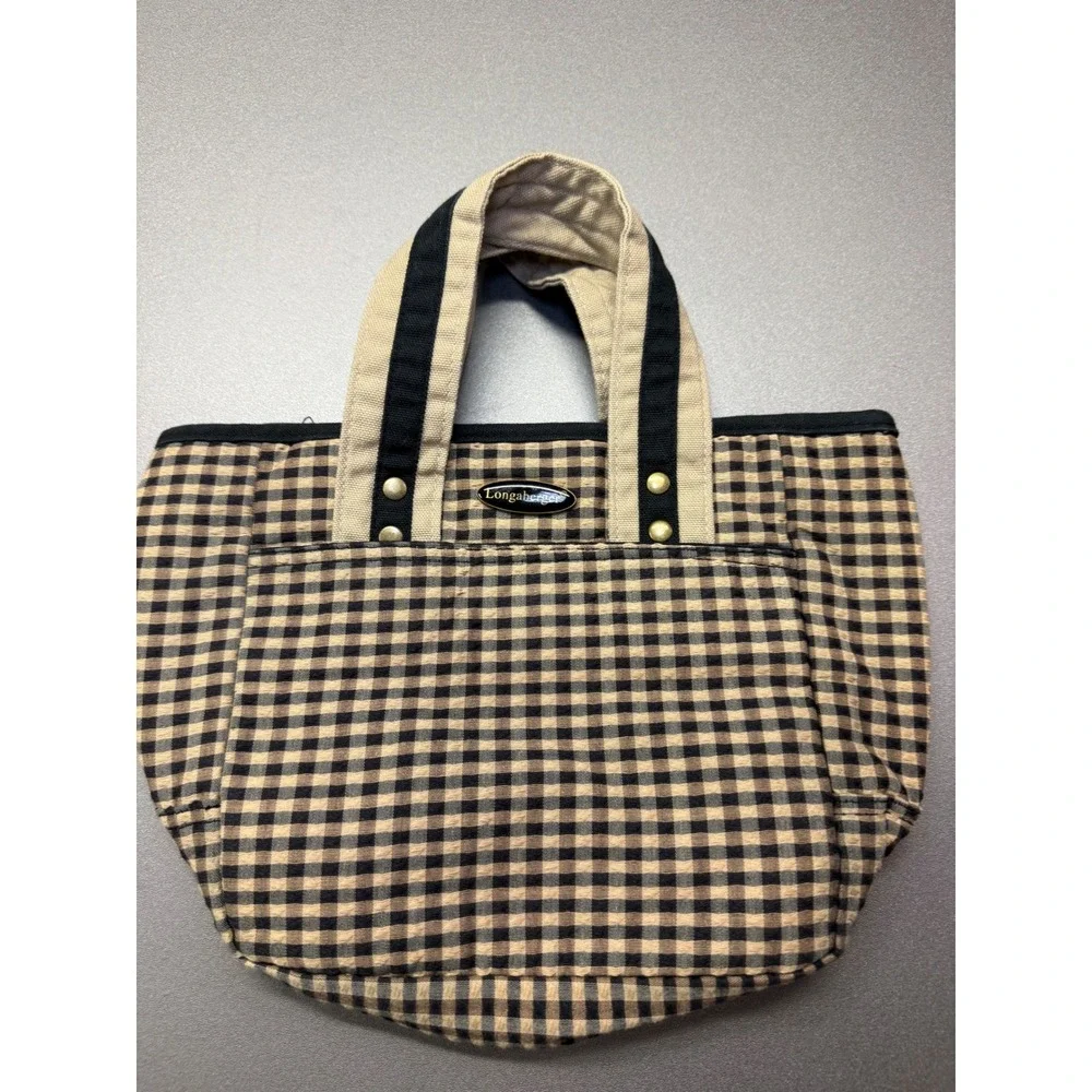 Longaberger Basket Liner Black Tan Gingham Check Canvas with Handles Logo Plaque